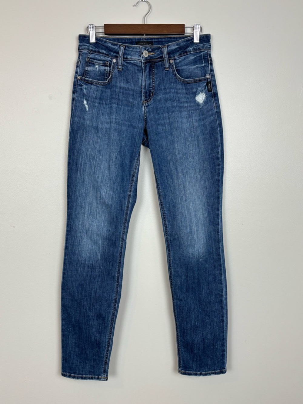 Silver Jeans Womens 29 Boyfriend Mid Rise Distressed‎ Stretch Denim in Blue